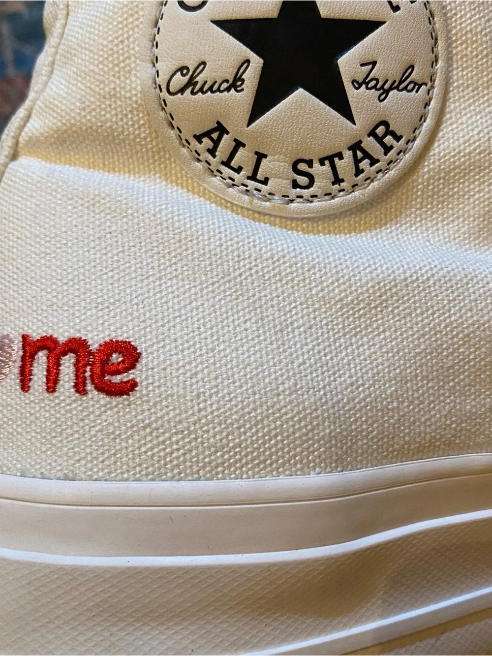 LOVE ME Converse White High-Top Sneakers with Red Embroidered Detail - Picture 2 of 7